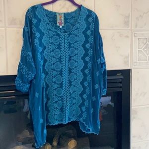 Johnny Was teal blue embroidered tunic